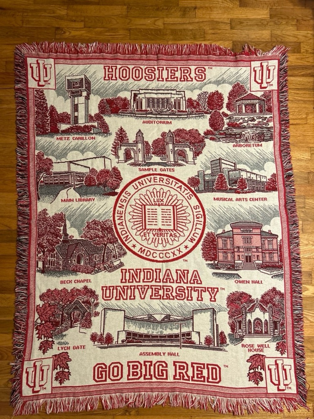 Vintage Indiana University Hoosiers Woven Pictorial Campus Fringe Blanket